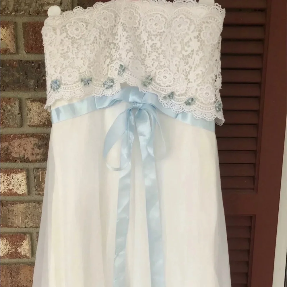 💖Gunne Sax💖Style Romantic Bridal Ivory Blue Ribbon Eyelet Lace Dress Sz S 💐 - Picture 8 of 10